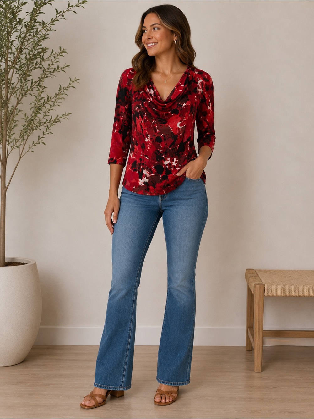 Adrienne Vittadini Red cowl neck blouse 3/4 sleeves abstract marble print 1X